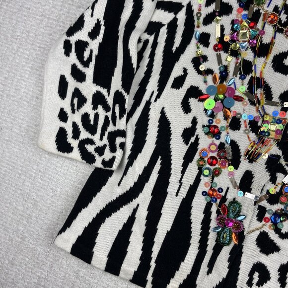 Design Options By Philip & Jane Gordon Zebra Print Jewel Sweater Cardigan Size M - Picture 5 of 16